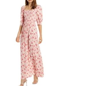 Something Navy Dress‎ Maxi Pink Floral Puff Short Sleeve